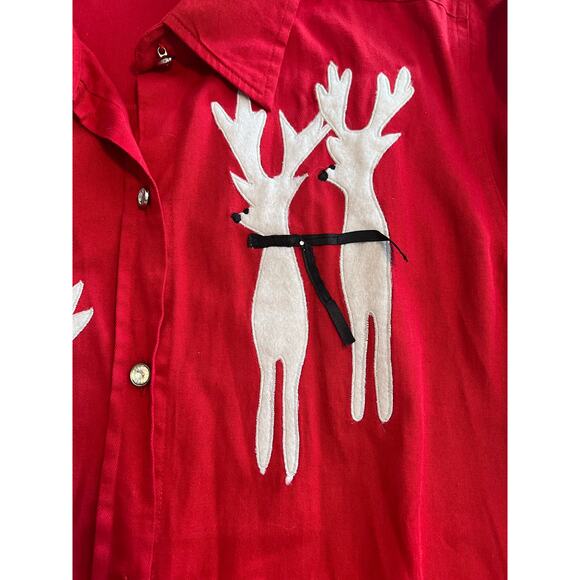 Vintage 90s Gist Holiday Reindeer Button Down Long Sleeve Shirt Red Cotton - L - Picture 6 of 8